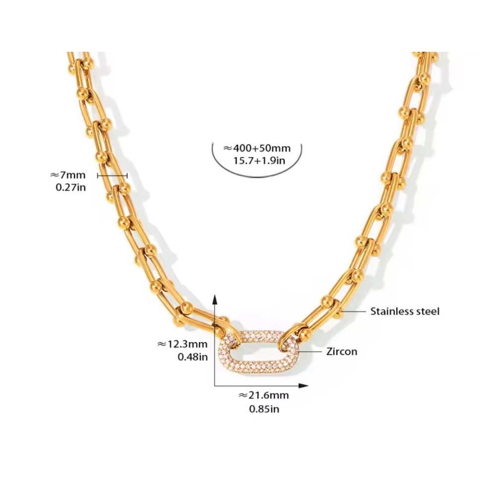 Stainless Steel Gold Link Chain Necklace Zircon Pave Carabiner Pendant Women - Picture 1 of 4
